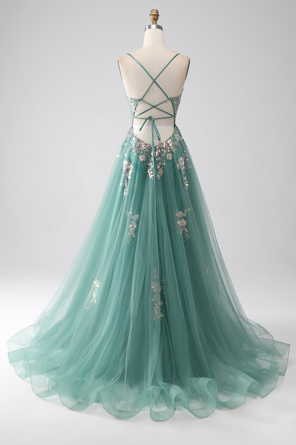 Glitter Green A-Line Spaghetti Straps Long Prom Dress With Sparkly Sequin Appliques