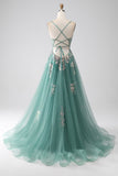 Glitter Green A-Line Spaghetti Straps Long Prom Dress With Sparkly Sequin Appliques