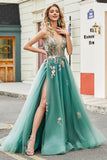 Glitter Green A-Line Spaghetti Straps Long Prom Dress With Sparkly Sequin Appliques