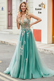 Glitter Green A-Line Spaghetti Straps Long Prom Dress With Sparkly Sequin Appliques