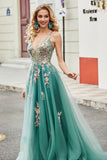 Glitter Green A-Line Spaghetti Straps Long Prom Dress With Sparkly Sequin Appliques
