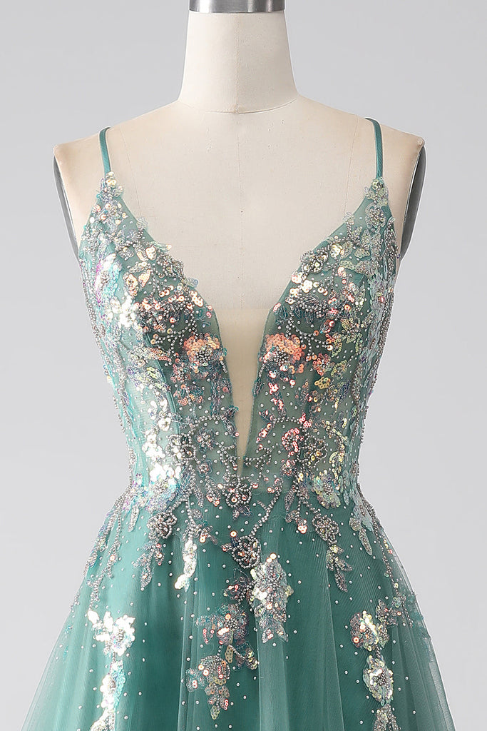 Elegant A line Strapless Green Sequin Long Prom Dress Evening Dresses