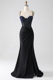 Black Mermaid Spaghetti Straps Long Corset Prom Dress With Beading