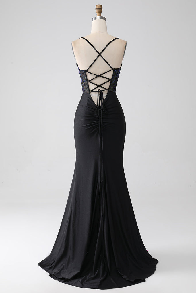 Black Mermaid Spaghetti Straps Long Prom Dress Elegant Black Evening Dress Y444