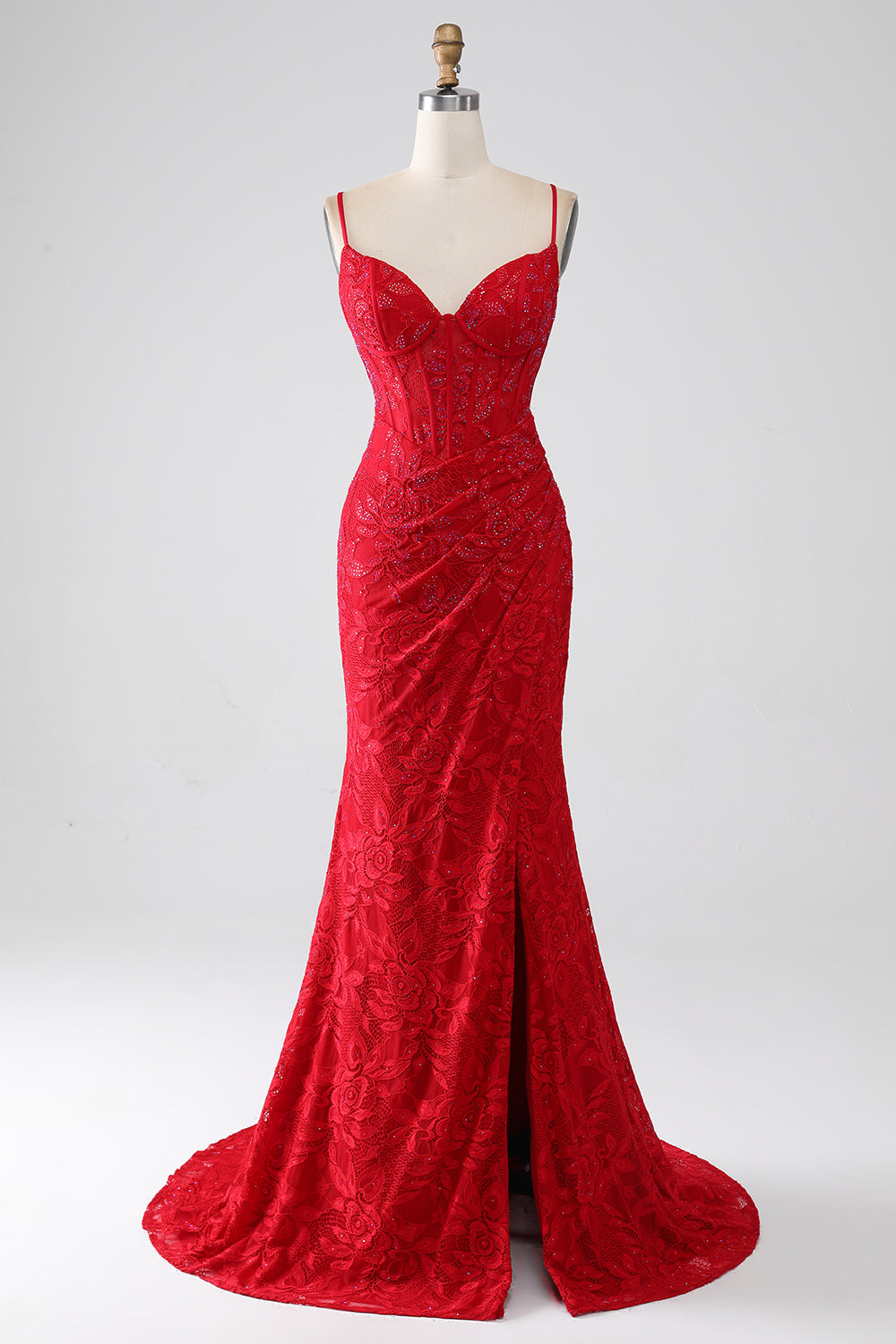 Zapakasa Women Red Porm Dress Mermaid Spaghetti Straps Beaded Lace Applique Evening Dress With Slit Zapakasa Women Red Porm Dress Mermaid Spaghetti Straps Beaded Lace Applique Evening Dress With Slit
