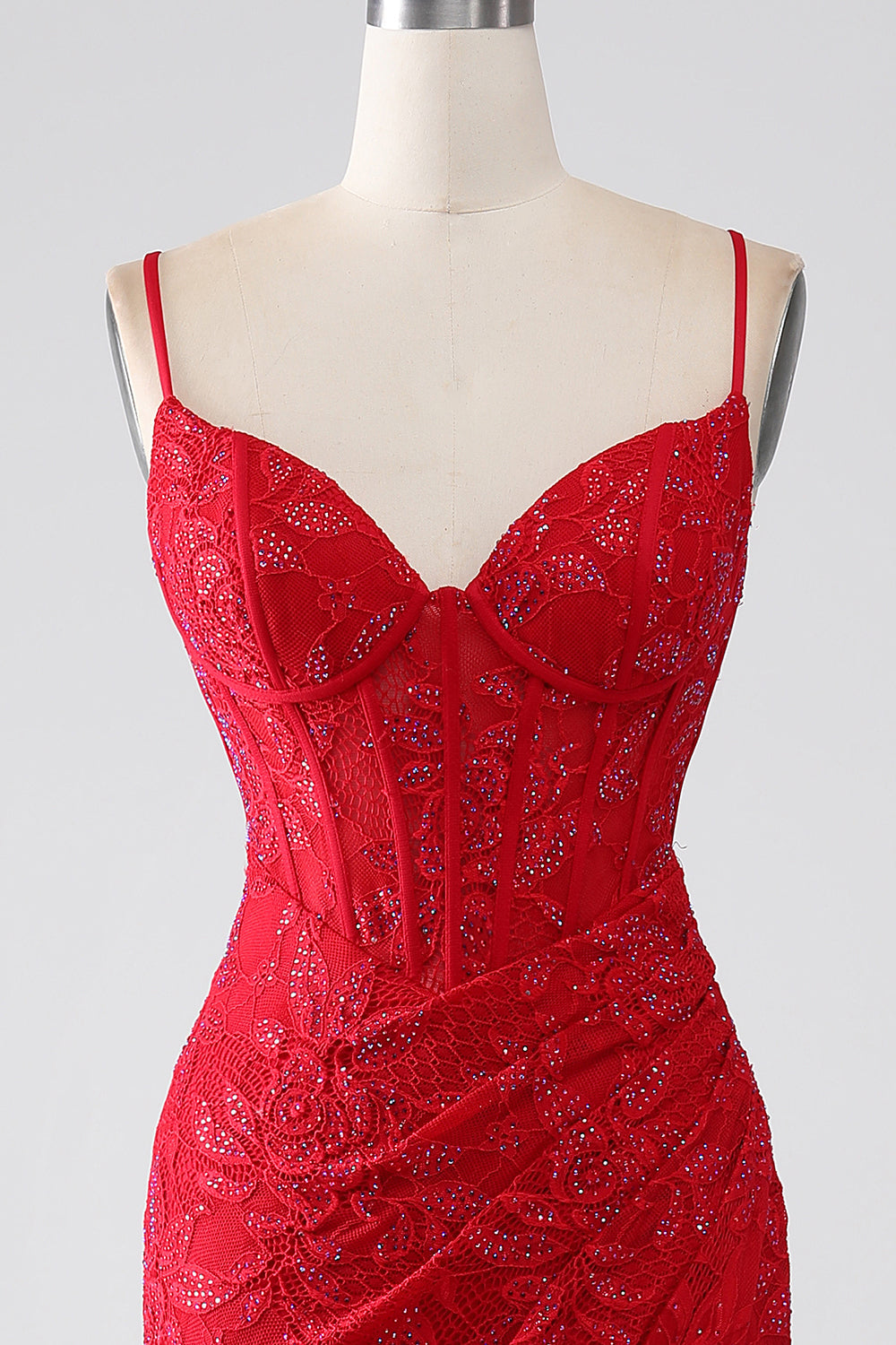 Zapakasa Women Red Porm Dress Mermaid Spaghetti Straps Beaded Lace Applique Evening Dress with Slit, Red / US14 Zapakasa Women Red Porm Dress Mermaid Spaghetti Straps Beaded Lace Applique Evening Dress with Slit, Red / US14