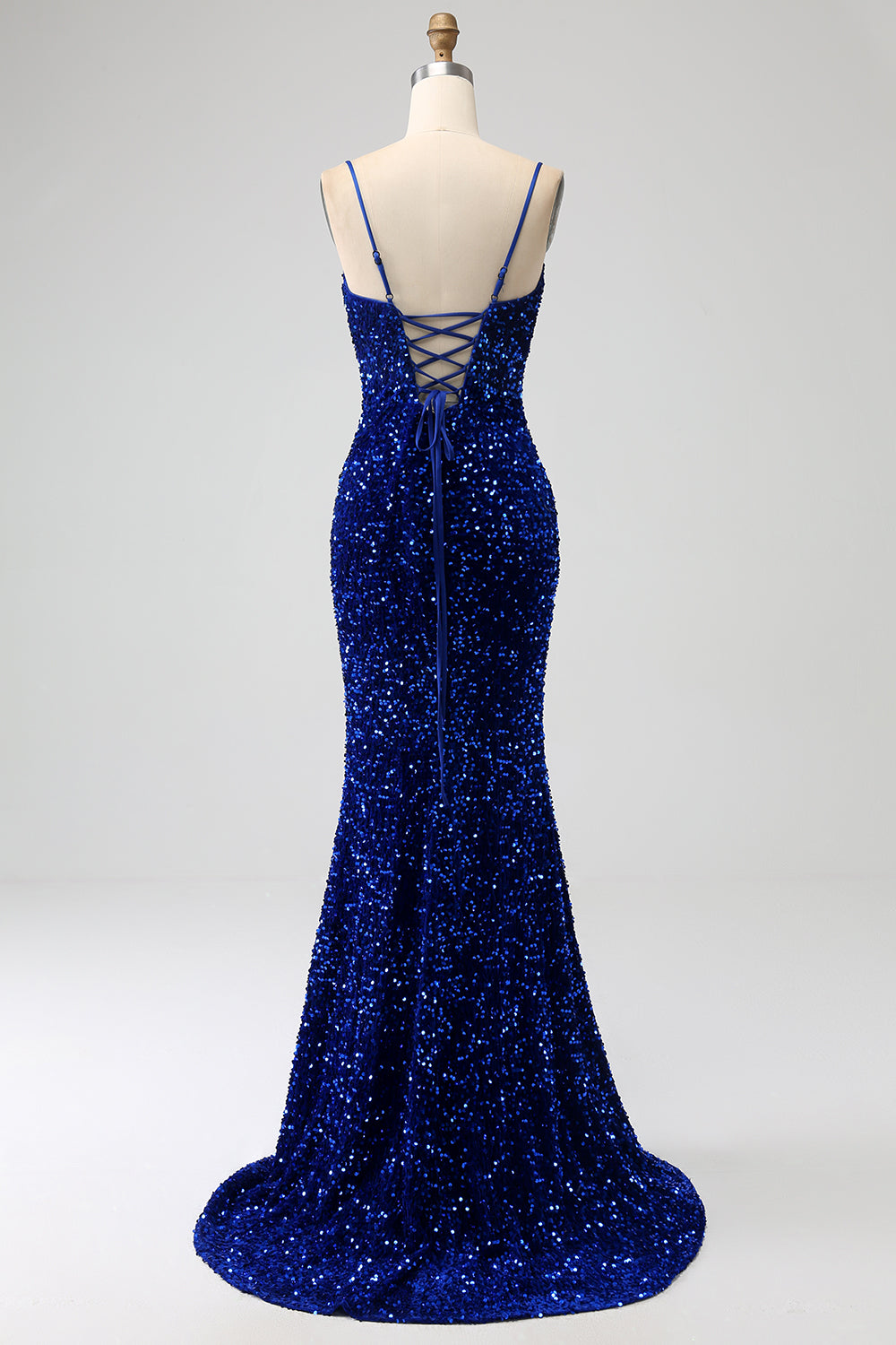 Elegant Royal Blue Mermaid Spaghetti Straps Velvet Sequin Long Prom Dress