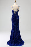 Elegant Royal Blue Mermaid Spaghetti Straps Velvet Sequin Long Prom Dress