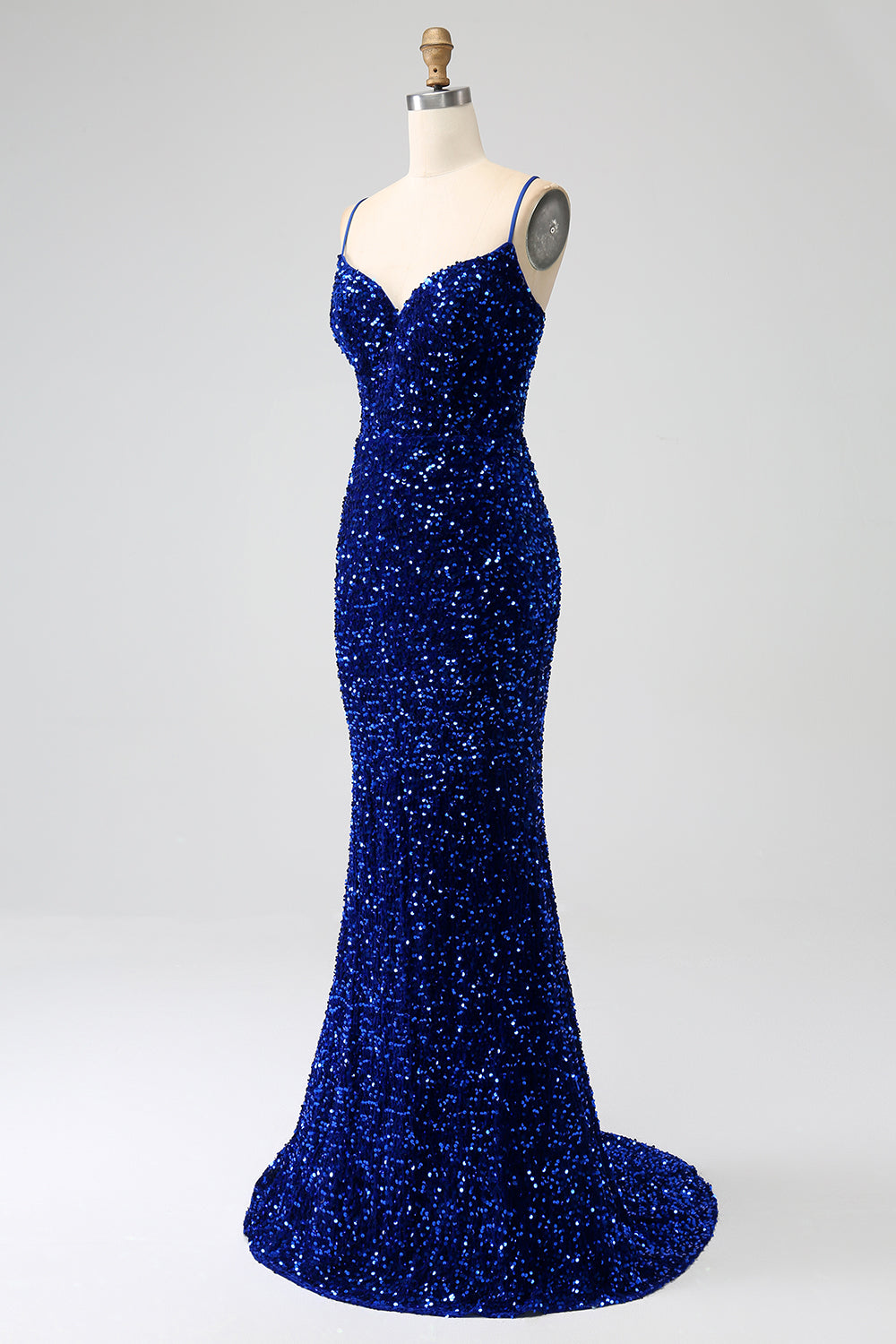 Elegant Royal Blue Mermaid Spaghetti Straps Velvet Sequin Long Prom Dress