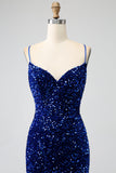 Elegant Royal Blue Mermaid Spaghetti Straps Velvet Sequin Long Prom Dress