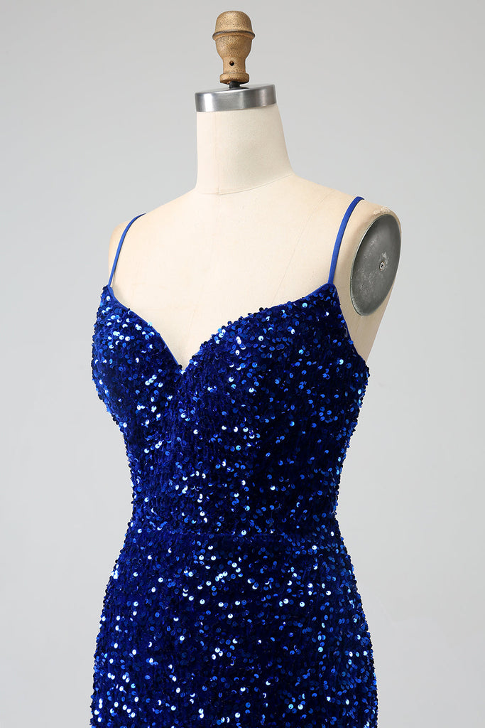 Spaghetti Strap Midi Velvet Dresses with Pockets Royal Blue