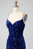 Elegant Royal Blue Mermaid Spaghetti Straps Velvet Sequin Long Prom Dress