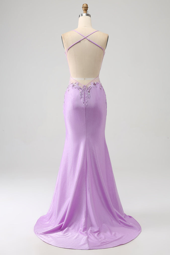 Lilac Satin Lace-Embellished Strapless Mermaid Gown – Romantic & Elegant Evening Party Dress