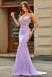 Lilac Mermaid V Neck Open Back Beaded Prom Dresses with Appliques