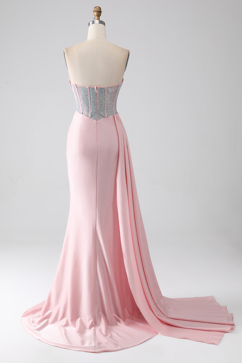 Pink Mermaid Strapless Beaded Pleated Long Prom Dress With High Slit