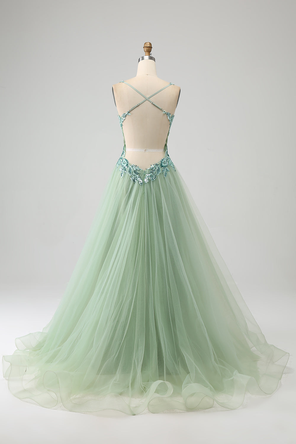 Zapakasa Women Light Green Prom Dress A-Line V Neck Split Tulle Party