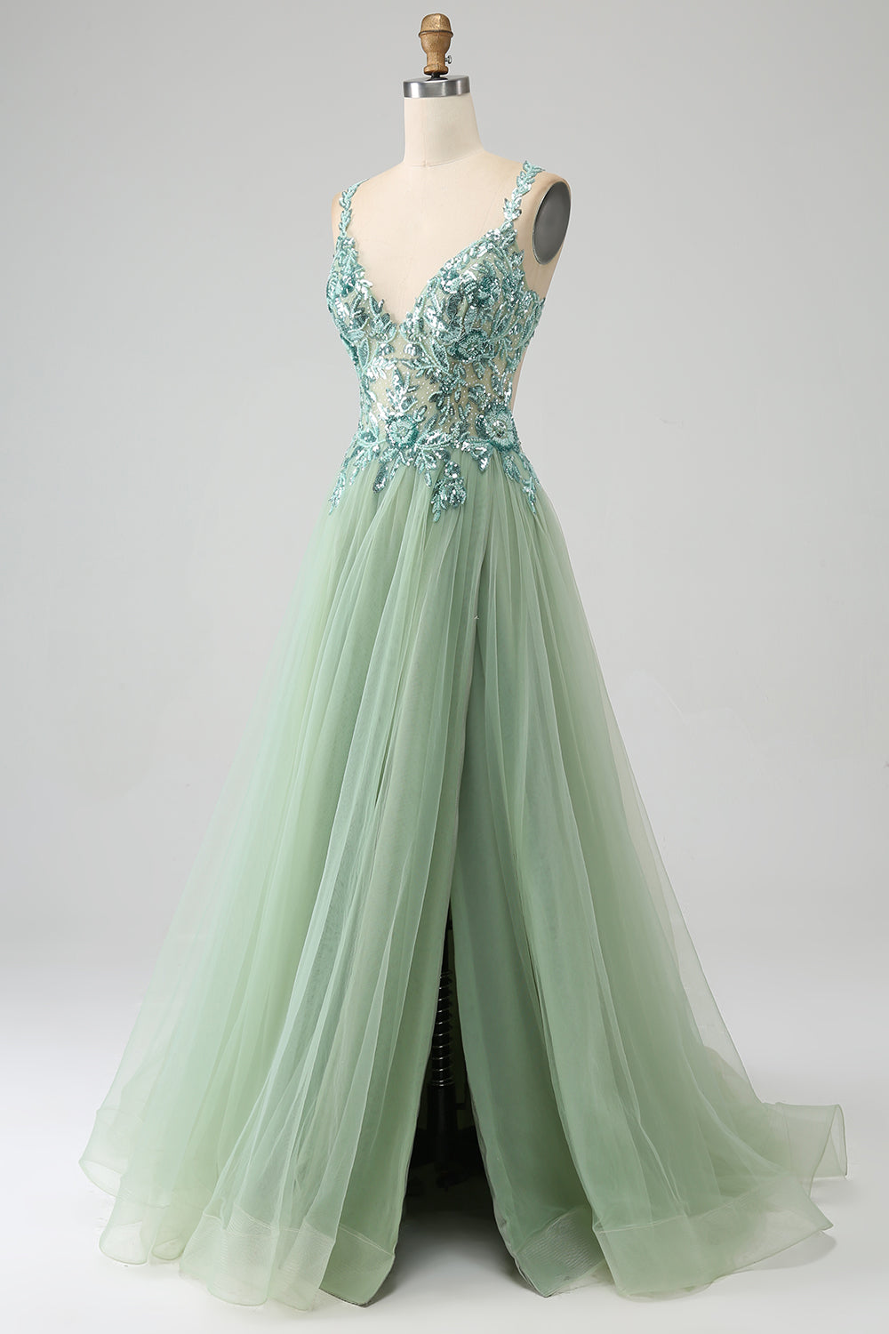 Zapakasa Women Light Green Prom Dress A-Line V Neck Split Tulle Party Dress with Appliqued Beading Zapakasa Women Light Green Prom Dress A-Line V Neck Split Tulle Party Dress with Appliqued Beading