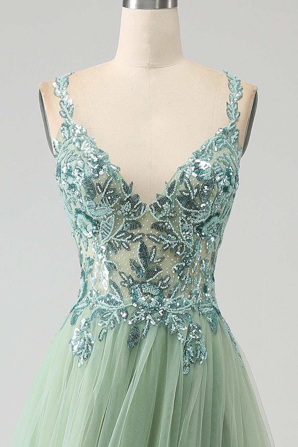 Zapakasa Women Light Green Prom Dress A-Line V Neck Split Tulle Party