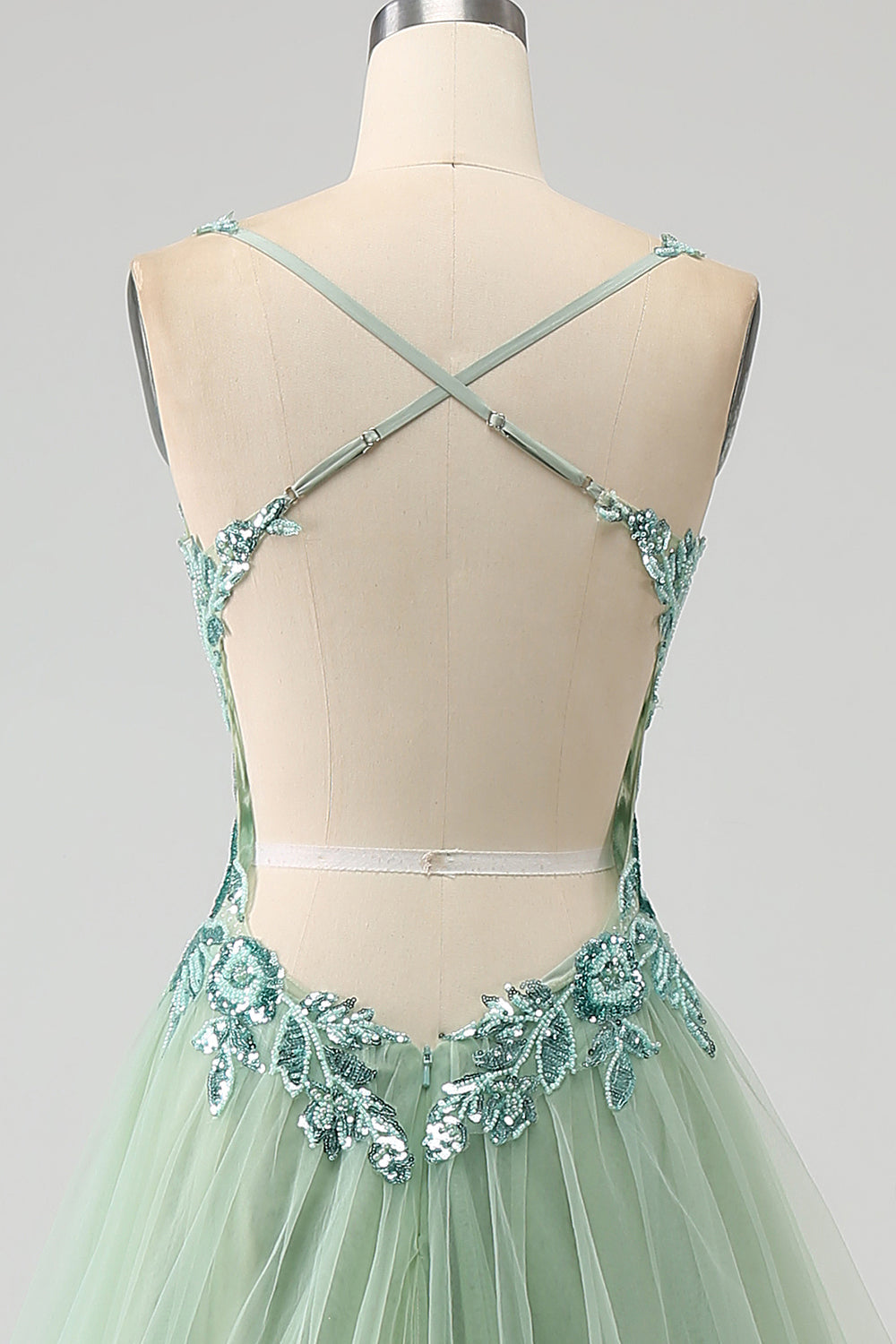 Zapakasa Women Light Green Prom Dress A-Line V Neck Split Tulle Party