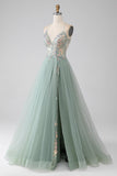 A-Line Beaded Light Green Prom Dress with Slit