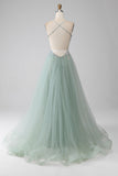 A-Line Beaded Light Green Prom Dress with Slit