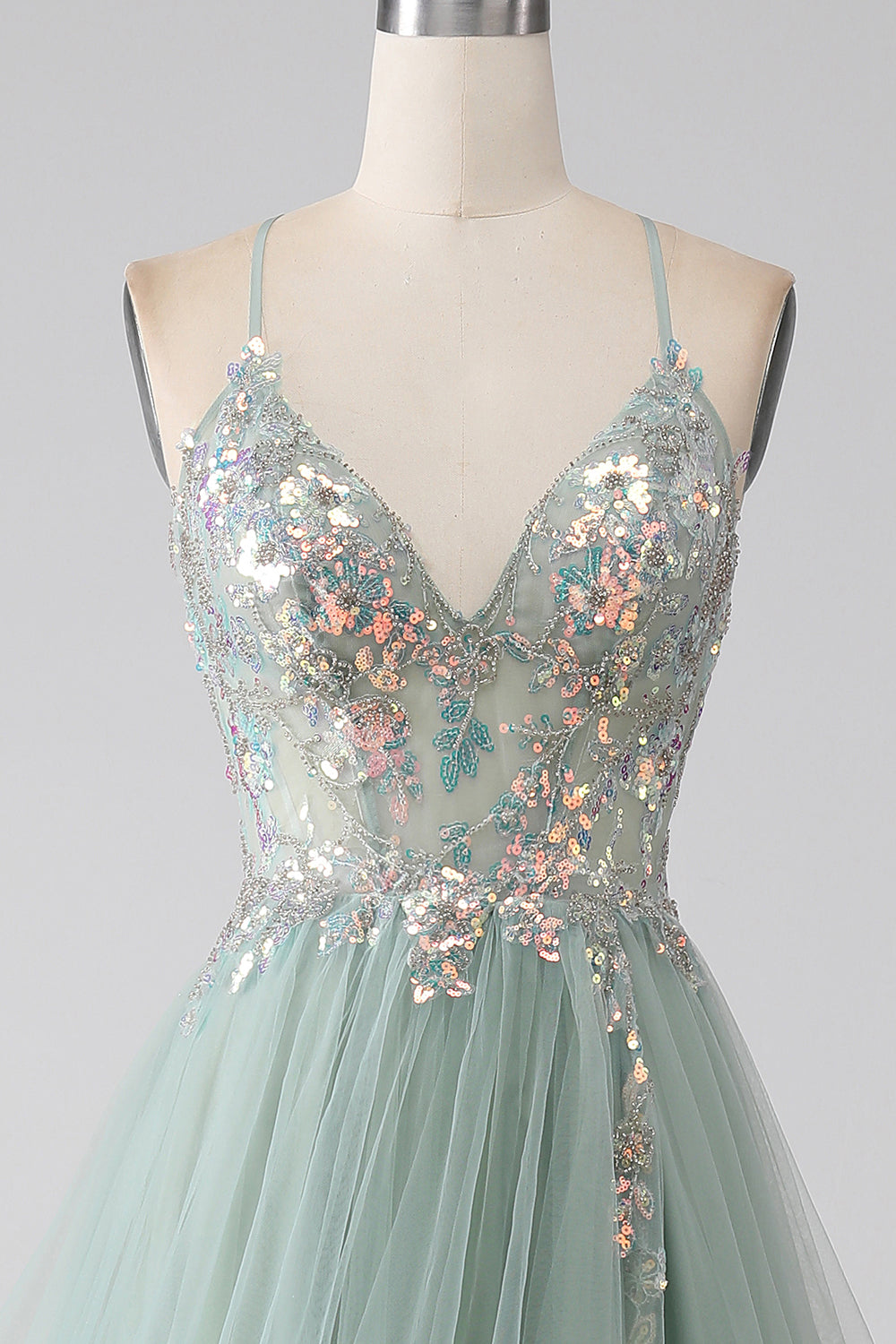 Zapakasa Women Beaded Light Green Prom Dress with Slit A-Line Sequins