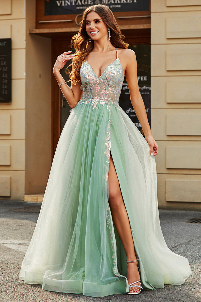 Zapakasa Women Prom Dress A-Line V Neck Floor-Length Beaded Tulle Light