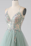 A-Line Beaded Light Green Prom Dress with Slit