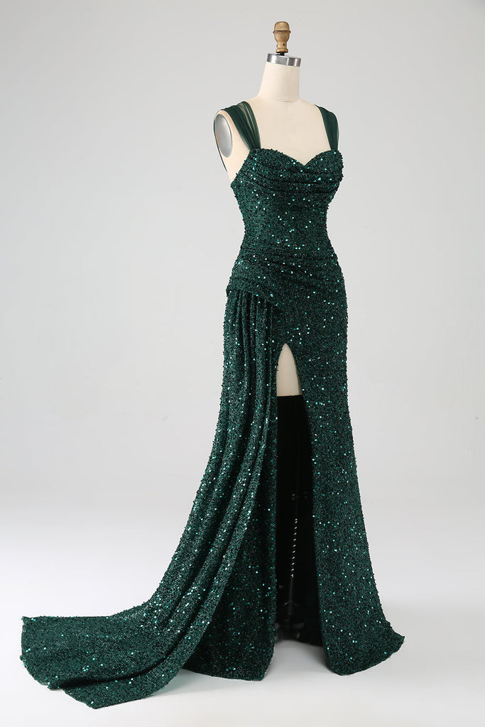 Sparkly Sheath Scoop Neck Dark Green Sequins Prom Dresses, Split Evening Dress C2176