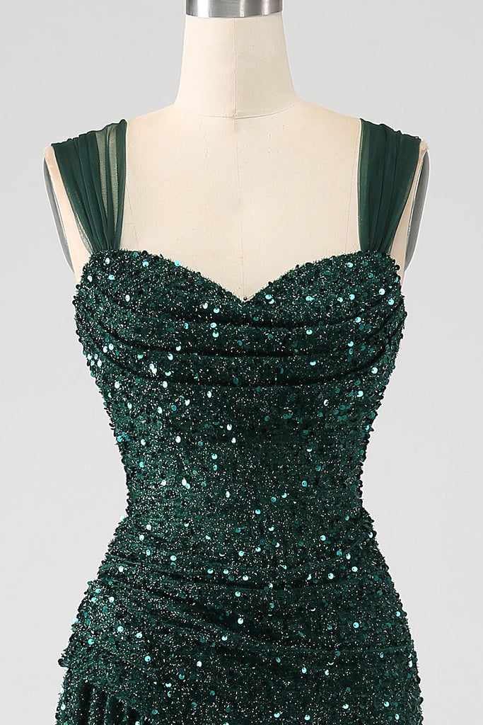 Zapakasa Women Dark Green Prom Dress Sheath Sparkly Sequin Pleated Long