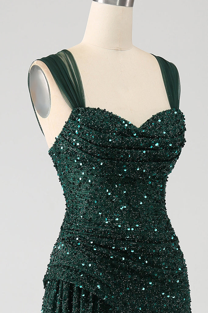 Sparkly Sheath Strapless Green Long Prom Dress with Beading