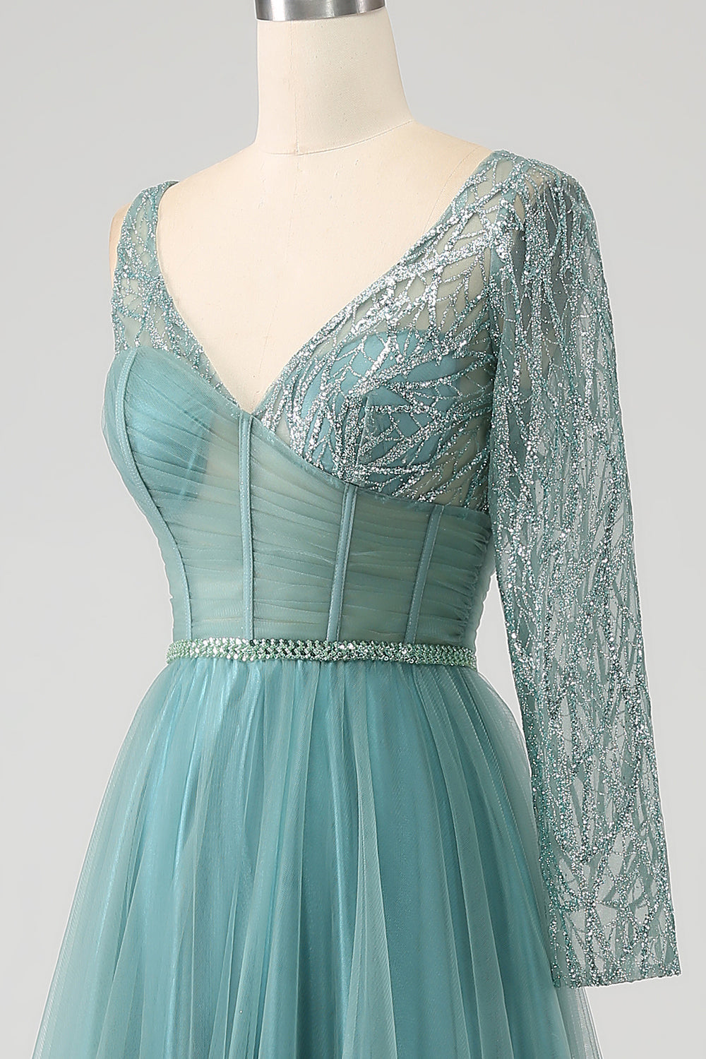Grey Green A-Line Sparkly Sequin Long Corset Prom Dress