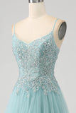 Sparkly Light Green A-Line Sequin Applique Corset Prom Dress With Slit
