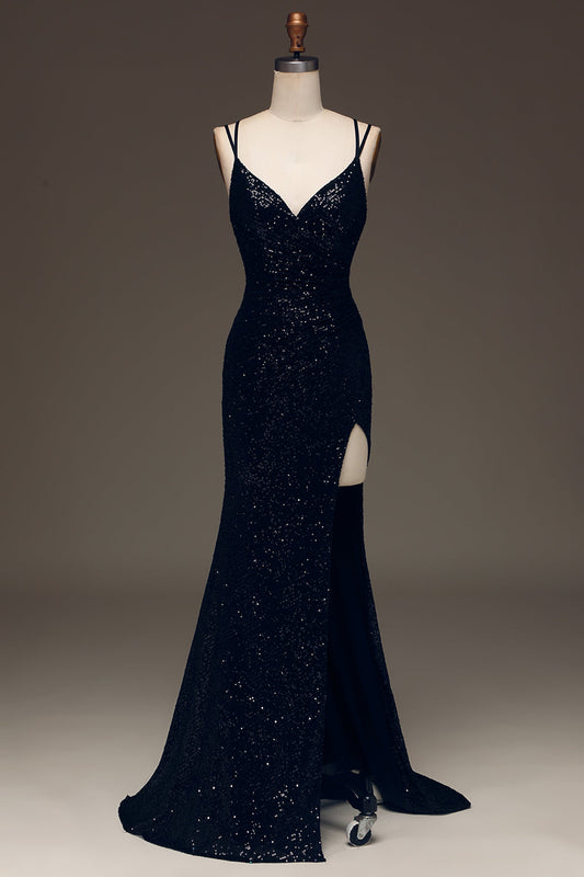 Black Long Prom Dress Sparkly Sequin Mermaid Evening Dress With Slit