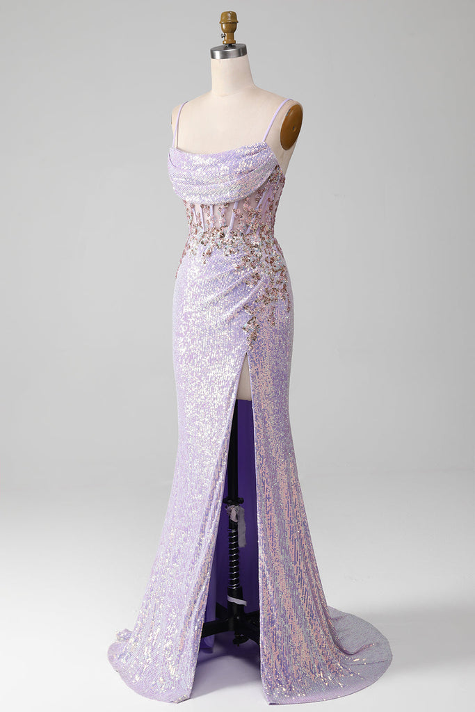 Elegant Long V-neck Satin Spaghetti Straps Mermaid Prom Dress with Slit main image 1