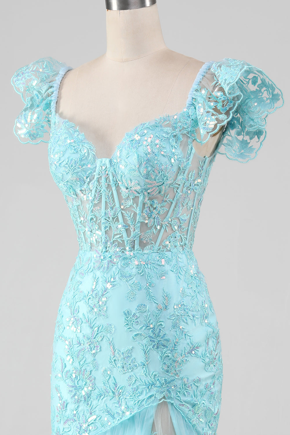 Sky Blue Off the Shoulder Lace and Sequin Mermaid Prom Dress with Slit