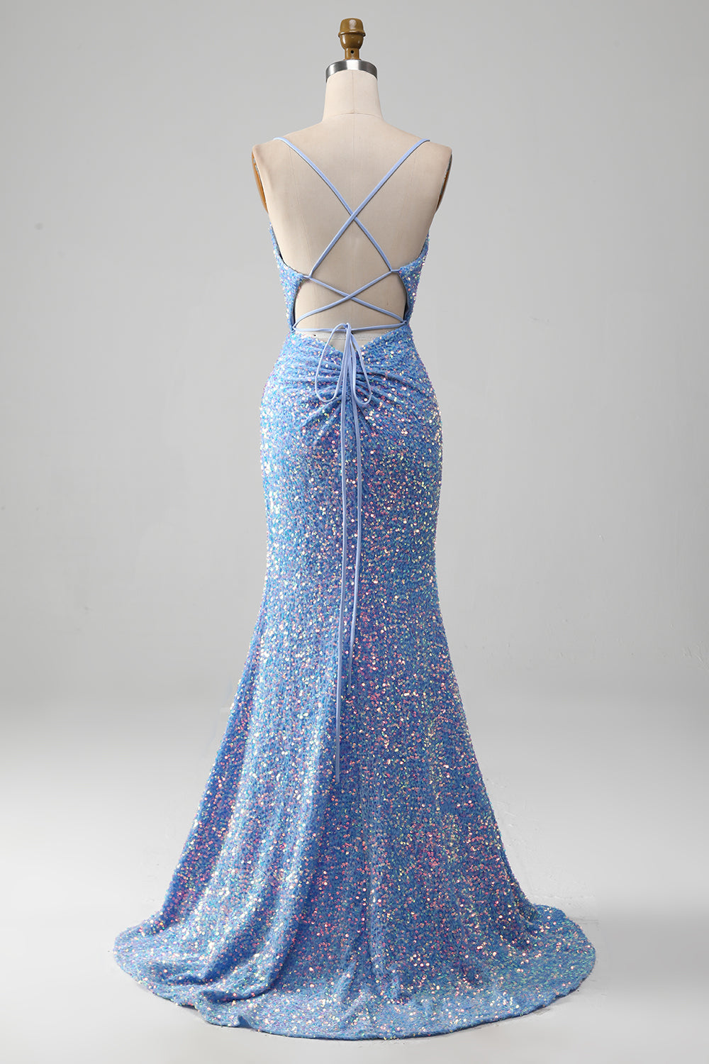Zapaka Women Sparkly Sequins Light Blue Prom Dress with Slit Mermaid Spaghetti Straps Party Dress, Light Blue / UK22 Zapaka Women Sparkly Sequins Light Blue Prom Dress with Slit Mermaid Spaghetti Straps Party Dress, Light Blue / UK22
