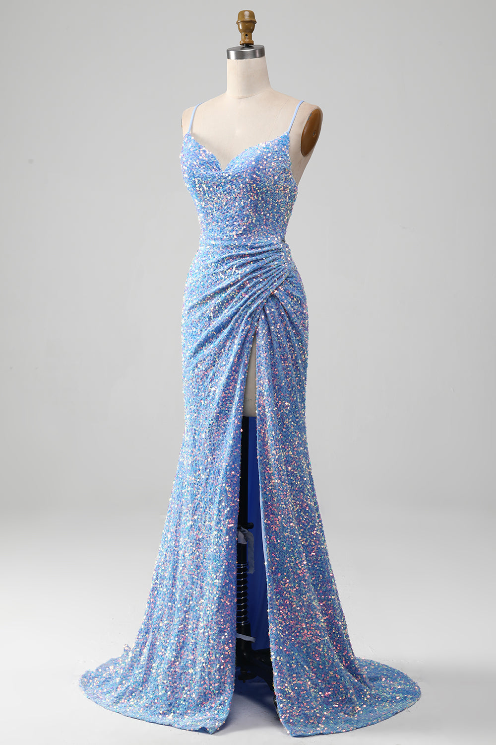 Zapakasa Women Sparkly Sequins Light Blue Prom Dress with Slit Mermaid