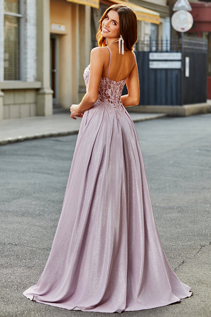 A-Line Beaded Blush Prom Dress