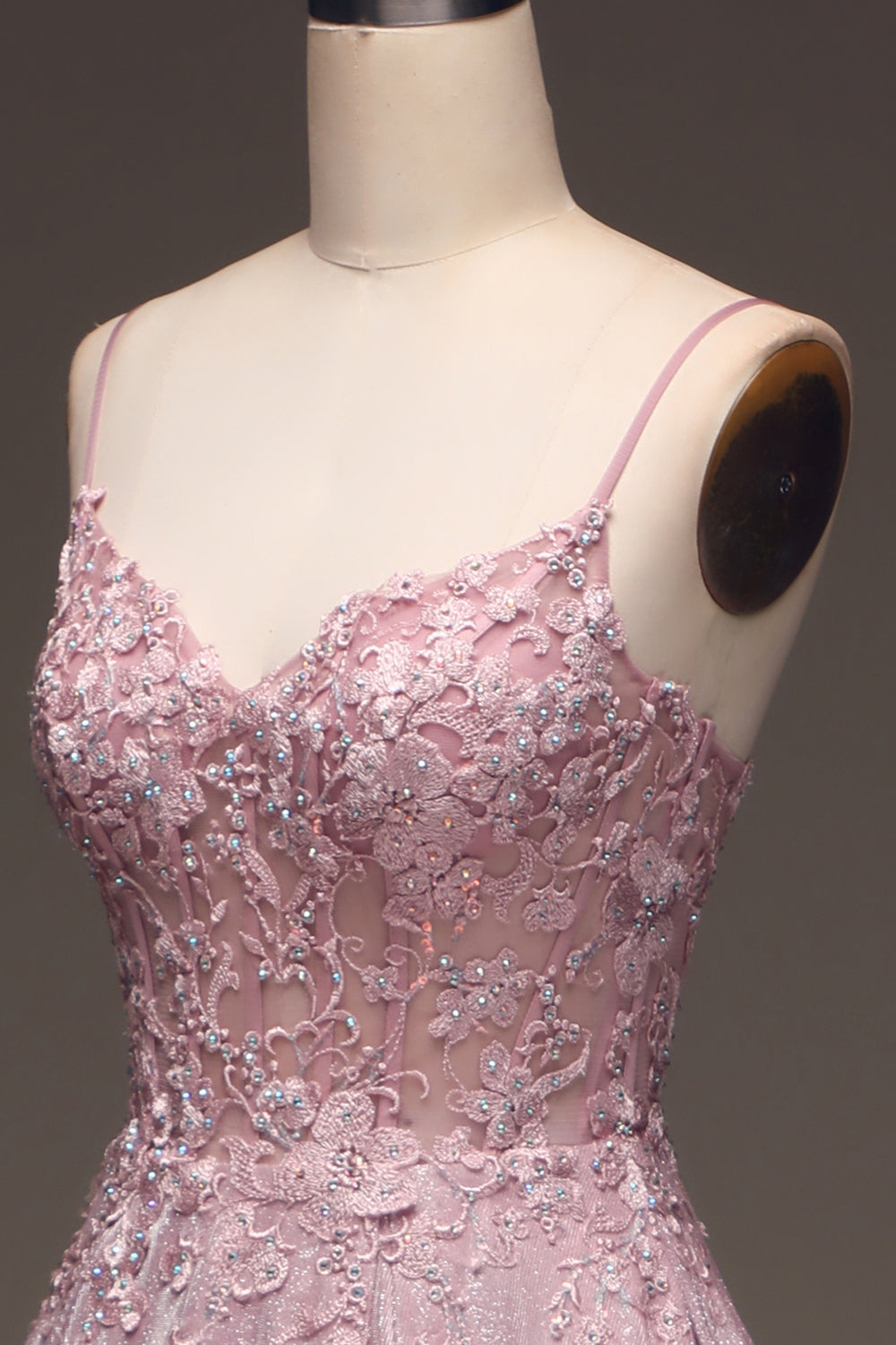 Glitter Spaghetti Straps Blush Prom Dress with Beading