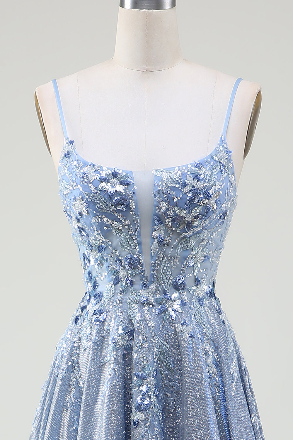 Glitter A-Line Spaghetti Straps Grey Blue Prom Dress