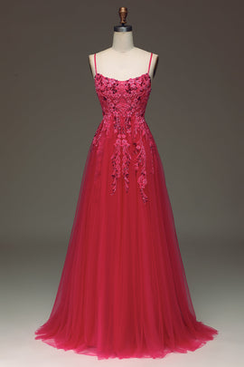 Spaghetti Straps A Line Red Prom Dress with Appliques