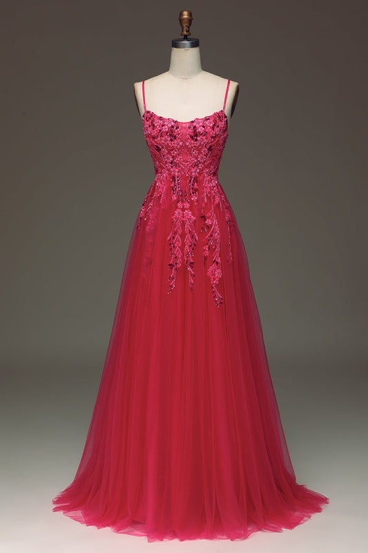Spaghetti Straps A Line Red Prom Dress with Appliques