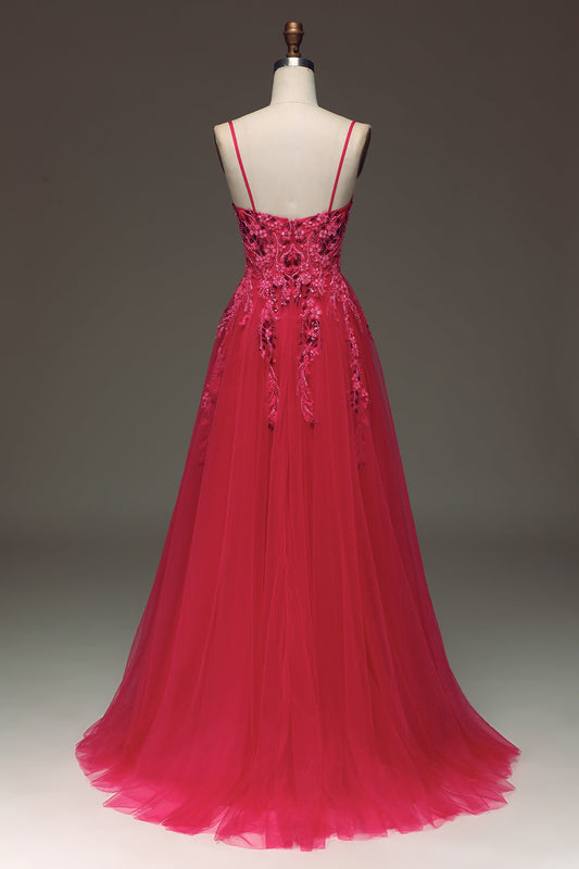 Spaghetti Straps A Line Red Prom Dress with Appliques