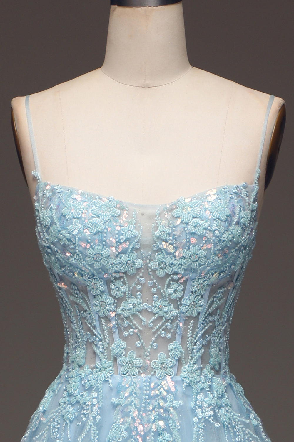Zapakasa Women Light Blue Sequin Long Prom Dress A Line Spaghetti
