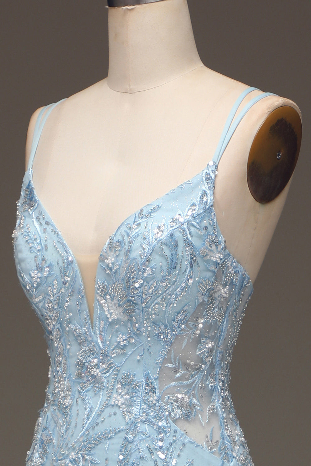 blue tulle mermaid prom dress with beaded Zapaka Women Light Blue Floral Appliques Beaded Prom Dress Mermaid Spaghetti Straps Tulle Long Formal Dress, Black / US14