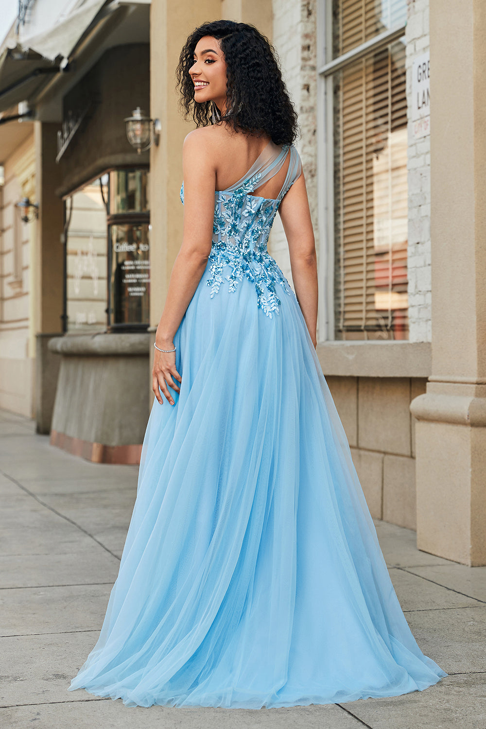 blue light dress for women ZAPAKA Women Light Blue Prom Dress A-Line One Shoulder Sequin Party Dress with Appliques