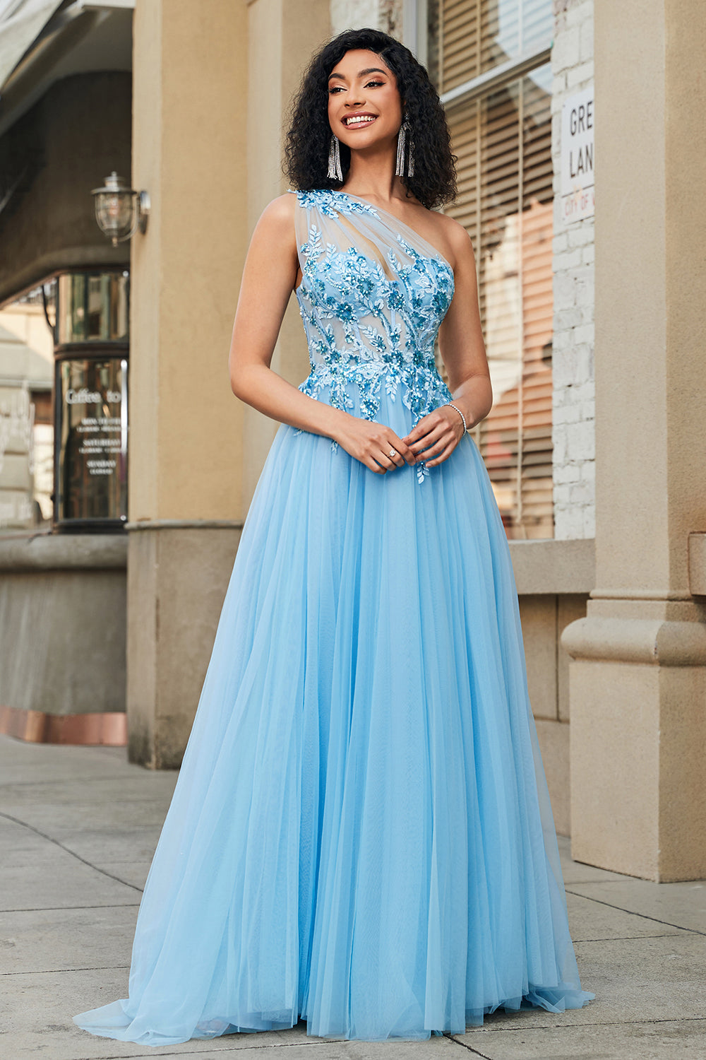 ZAPAKA Women Light Blue Prom Dress A-Line One Shoulder Sequin Party Dress with Appliques ZAPAKA Women Light Blue Prom Dress A-Line One Shoulder Sequin Party Dress with Appliques
