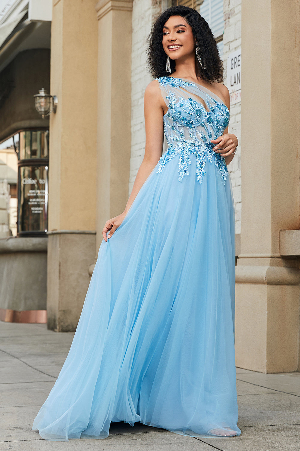 ZAPAKA Women Light Blue Prom Dress A-Line One Shoulder Sequin Party Dress with Appliques ZAPAKA Women Light Blue Prom Dress A-Line One Shoulder Sequin Party Dress with Appliques
