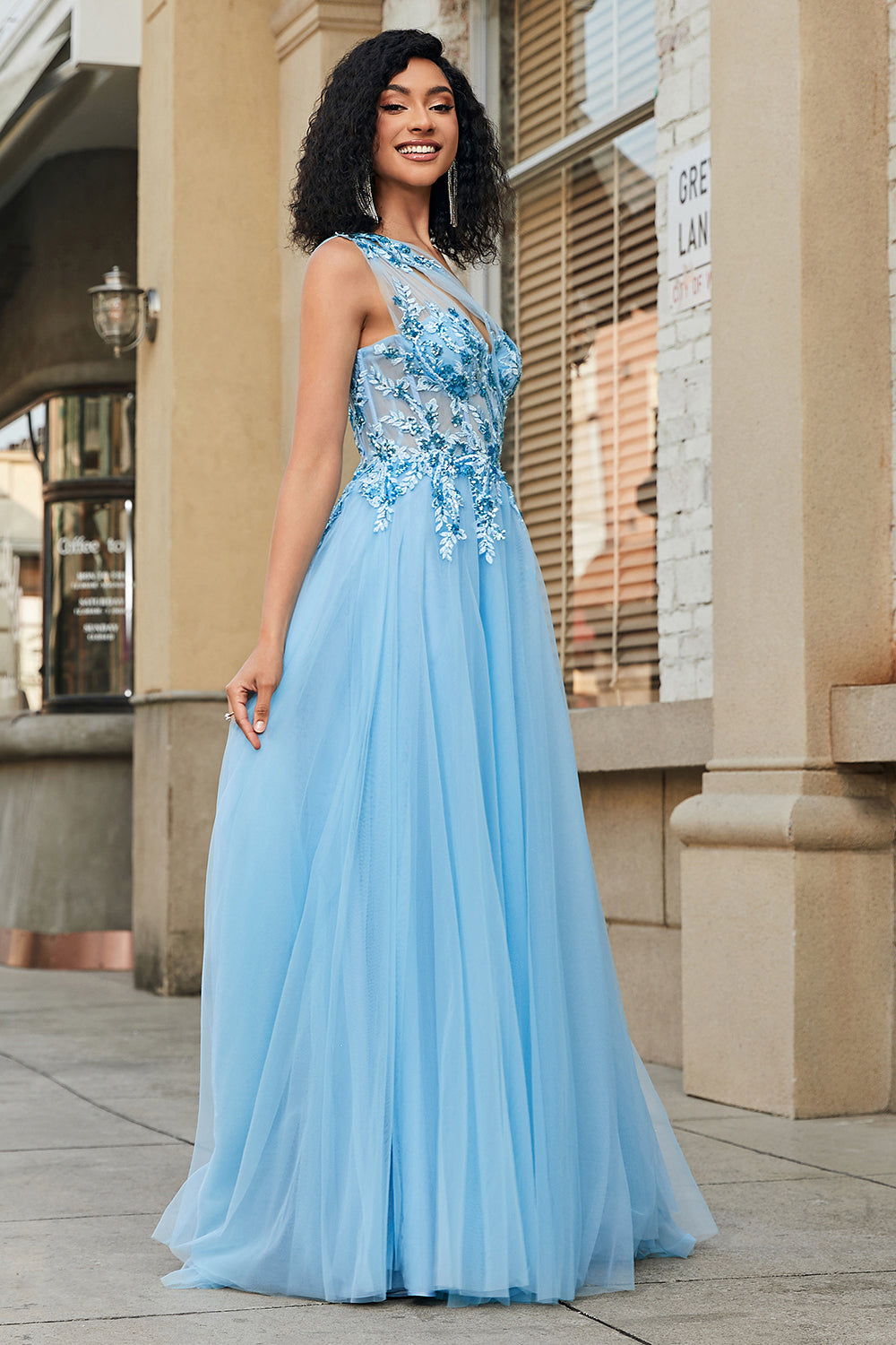 ZAPAKA Women Light Blue Prom Dress A-Line One Shoulder Sequin Party Dress with Appliques ZAPAKA Women Light Blue Prom Dress A-Line One Shoulder Sequin Party Dress with Appliques